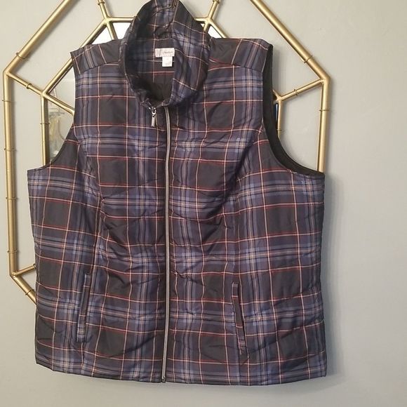 Cj Banks Plaid Quilted Vests NWOT Mens Sz. 3X Blues Black Red Gold - Picture 2 of 9
